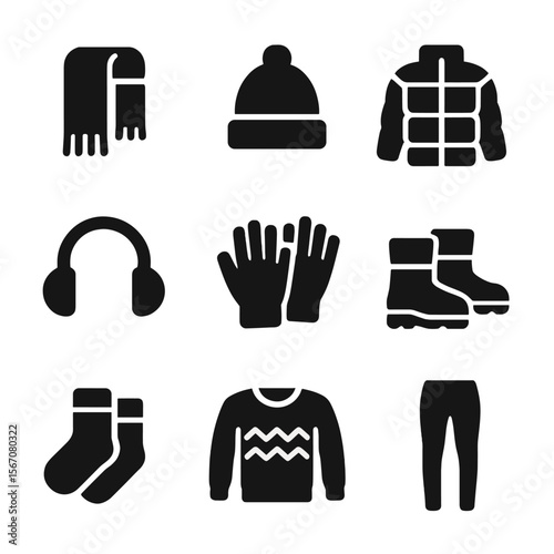 Winter Fashion Icons. Solid, filled icon set of winter fashion essentials: wool scarf, beanie hat, puffer jacket, earmuffs, winter