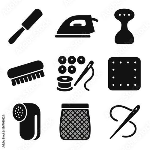 Fabric Care Icons. Solid, filled icon set of fabric care tools: lint roller, iron, steamer, clothes brush, sewing kit, repair