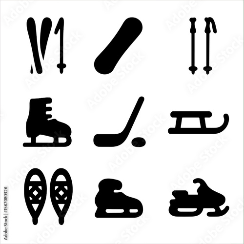Winter Sports Icons. Solid, filled icon set of winter sports: skis, snowboard, ski poles, ice skates, hockey stick, puck, sled,