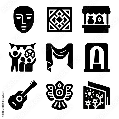 Cultural Icons Grid. Solid, filled icons set of cultural surroundings and art: mask sculpture, traditional