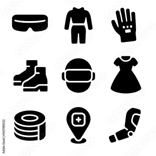 Futuristic Fashion Icons. Solid, filled icon set of futuristic fashion: visor glasses, metallic jumpsuit, digital glove, cyber
