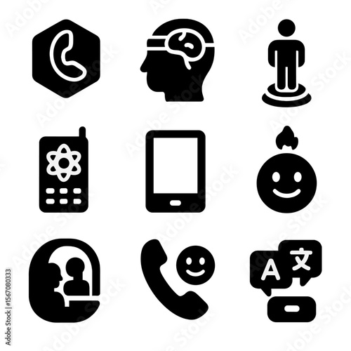 Future Tech Icons. Solid, filled icon set of future communication tech: 3D call icon, mind-to-mind device, live hologram, quantum
