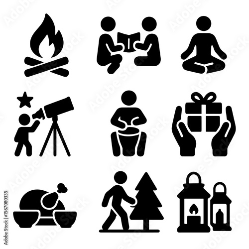 Winter Solstice Icons. Solid, filled icon set of modern worship music: electric guitar, drum set, keyboard, microphone stand,