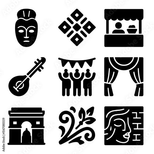 Cultural Icons Grid. Solid, filled icons set of cultural surroundings and art: mask sculpture, traditional