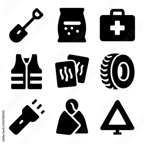 Winter Safety Icons. Solid, filled icon set of winter safety and preparedness: shovel, salt bag, emergency kit, reflective vest,