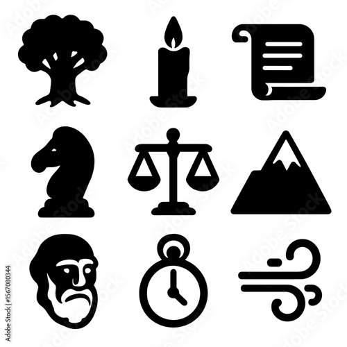 Wisdom Symbols Icons. Solid, filled icon set of wisdom symbols: ancient tree, candle flame, open scroll, chess piece, balance