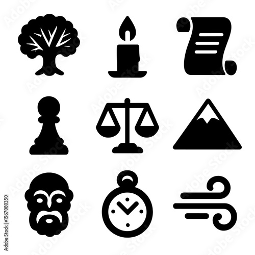 Wisdom Symbols Icons. Solid, filled icon set of wisdom symbols: ancient tree, candle flame, open scroll, chess piece, balance