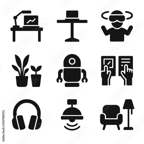 Futuristic Office Icons. Solid, filled icon set of futuristic office environments: smart desk, standing desk, virtual reality zone