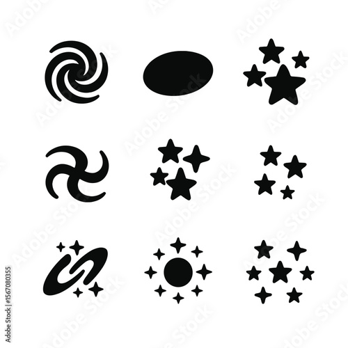 Galaxy Icon Set. Solid, filled icon set of galaxy types: spiral galaxy, elliptical galaxy, irregular galaxy, barred spiral,