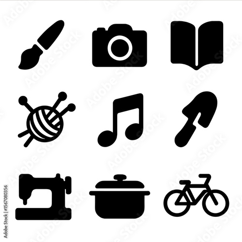 Women's Hobbies Icons. Solid, filled icon set of women’s hobbies: paintbrush, camera, book, knitting needles, musical note,
