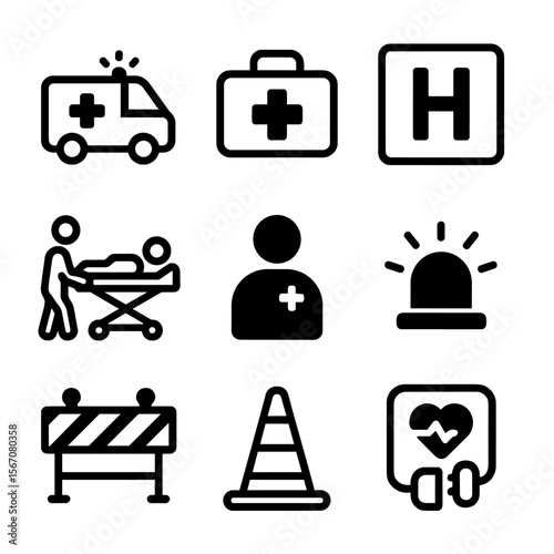 Emergency Icons Grid. Solid, filled icon set of emergency response scene: ambulance, first aid kit, medical staff, patient on