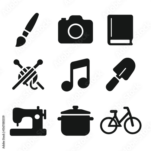 Women's Hobbies Icons. Solid, filled icon set of women’s hobbies: paintbrush, camera, book, knitting needles, musical note,