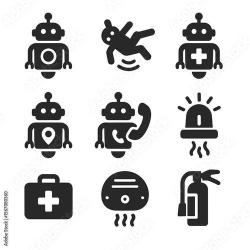 Emergency Robots Icons. Solid, filled icon set of emergency response robots: panic button, fall alert, medical assistance, GPS