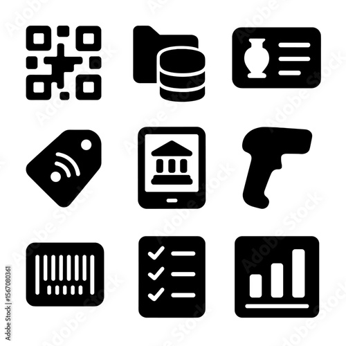 Cultural Inventory Icons. Solid, filled icons set of cultural item registration systems: QR code icon,
