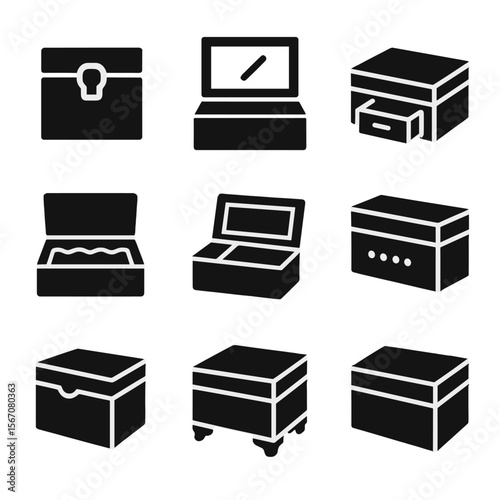 Wooden Box Icons. Solid, filled icon set of wooden box features: lock mechanism, mirror lid, sliding drawer, soft padding,