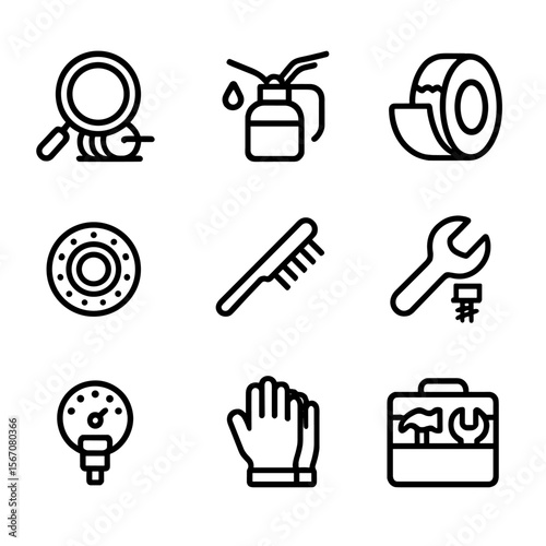 Cable Reel Maintenance Icons. Outline icon set of cable reel maintenance and repair: inspection magnifier, lubrication oil can,