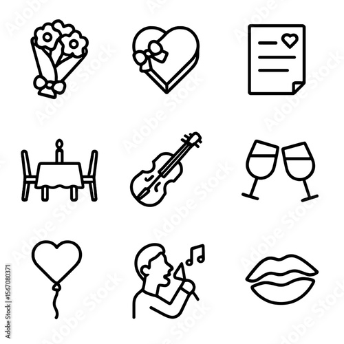 Romantic Gesture Icons. Outline icon set of romantic gestures: bouquet, chocolate box, handwritten note, candlelight dinner,