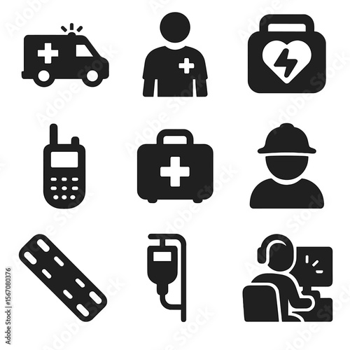 Emergency Icons Collection. Solid, filled icon set of emergency medical services deployment: ambulance, paramedic, defibrillator,