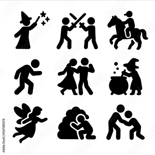 Fairy-Tale Action Icons. Solid, filled icon set of fairy-tale actions: casting spell, sword fight, riding horse, sneaking, dancing