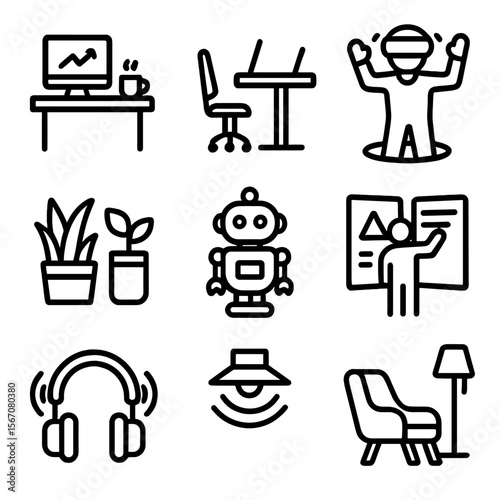 Futuristic Office Icons. Solid, filled icon set of futuristic office environments: smart desk, standing desk, virtual reality zone