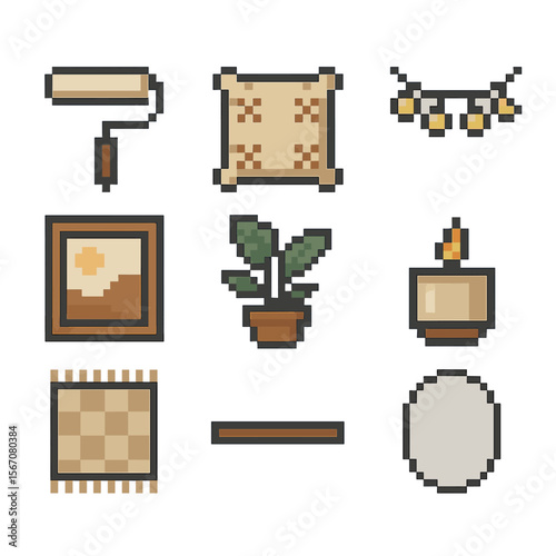 Room Remodel Icons. Pixel art icon set of room refresh and décor: paint roller, accent pillow, fairy lights, wall art frame,