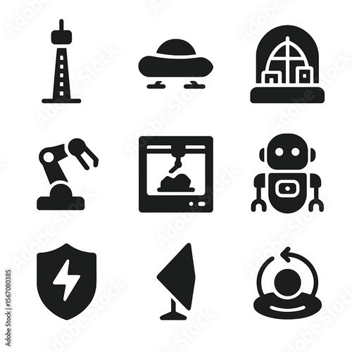 Futuristic Tech Icons. Solid, filled icon set of futuristic space technology: space elevator, hovercraft, space colony, robotic