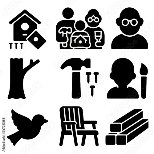 Family Birdhouse Building. Solid, filled icon set of family building birdhouses with seniors: wooden birdhouse kit, family holding