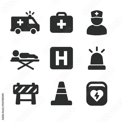 Emergency Icons Grid. Solid, filled icon set of emergency response scene: ambulance, first aid kit, medical staff, patient on