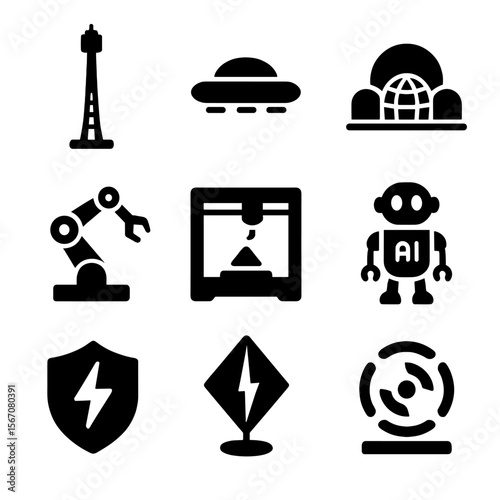 Futuristic Tech Icons. Solid, filled icon set of futuristic space technology: space elevator, hovercraft, space colony, robotic