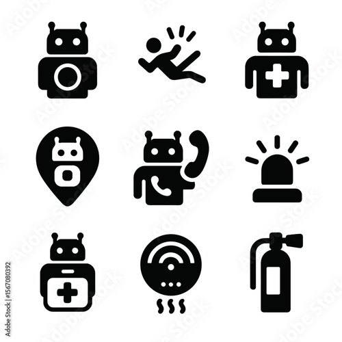 Emergency Robots Icons. Solid, filled icon set of emergency response robots: panic button, fall alert, medical assistance, GPS