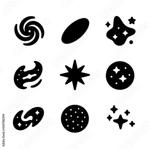 Galaxy Icon Set. Solid, filled icon set of galaxy types: spiral galaxy, elliptical galaxy, irregular galaxy, barred spiral,