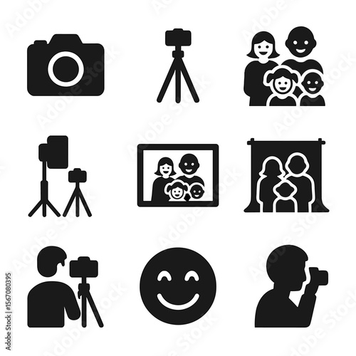 Family Photo Icon Set. Solid, filled icon set of family photo shoot: camera, tripod, posing, lighting, photo frame, family members