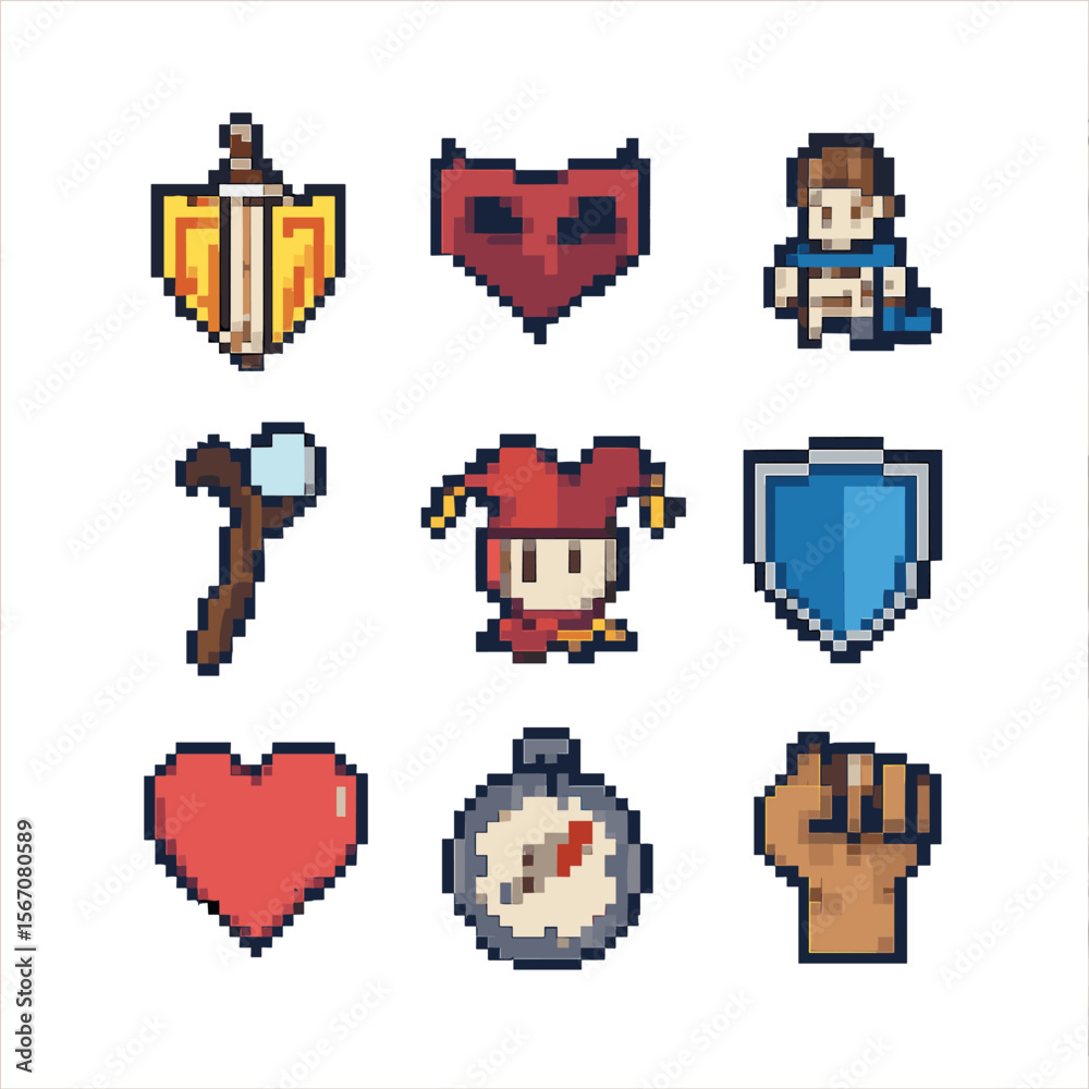 Fototapeta premium RPG Archetype Icons. Pixel art icon set of role-playing archetypes: hero emblem, villain mask, sidekick figure, mentor staff,