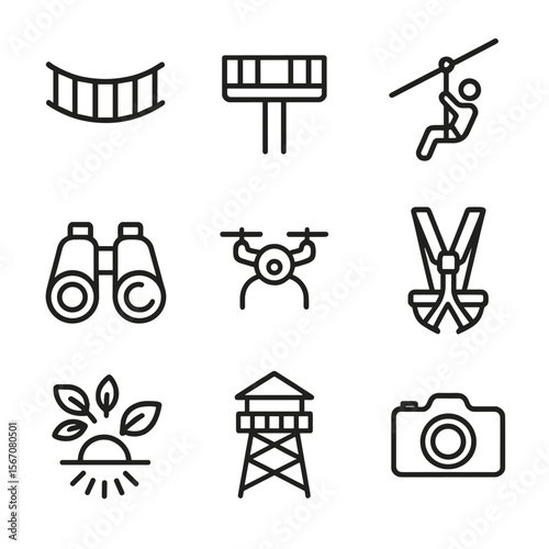 Canopy Exploration Icons. Outline icon set of canopy exploration and observation: rope bridge, observation platform, zipline,