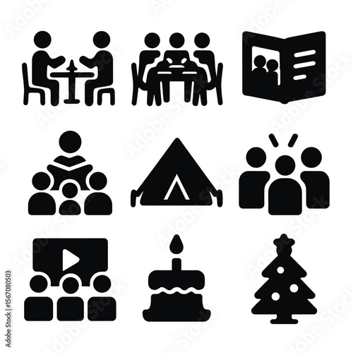 Family Connection Icons. Solid, filled icon set of family connection activities: board game, group meal, photo album, camping tent