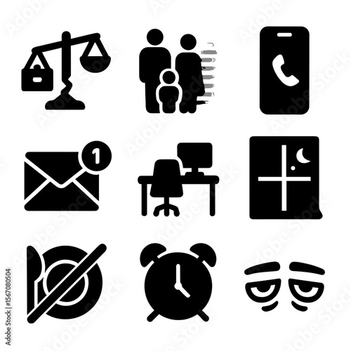 Work-Life Imbalance Icons. Solid, filled icon set of work-life imbalance: broken scale, family fade, ignored call, unread messages