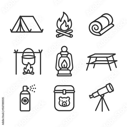Campsite Icon Set. Outline icon set of campsite setup and overnight stay: tent pitched, campfire with flames, sleeping bag rolled,