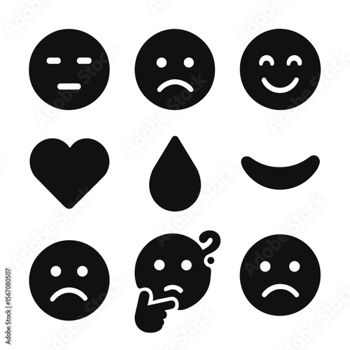 Emotional Icon Grid. Solid, filled icon set of introspective emotions: calm face, sad face, happy face, confused face, heart, tear
