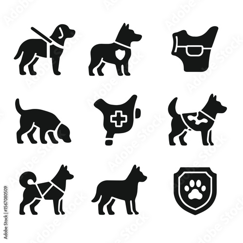 Working Dogs Icon Set. Solid, filled icon set of working dogs: guide dog, police dog, service vest, sniffing dog, rescue harness,