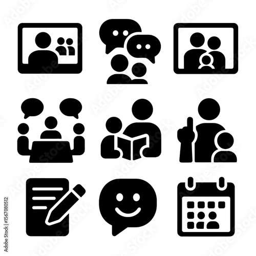Family Communication Icons. Solid, filled icon set of family communication: video call, group chat, family photo, shared calendar,