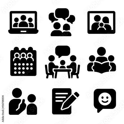 Family Communication Icons. Solid, filled icon set of family communication: video call, group chat, family photo, shared calendar,