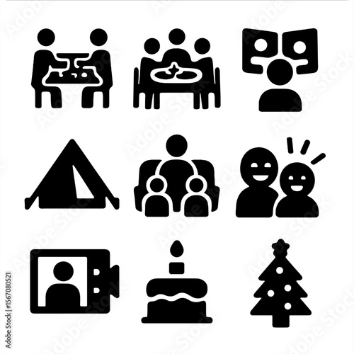 Family Connection Icons. Solid, filled icon set of family connection activities: board game, group meal, photo album, camping tent