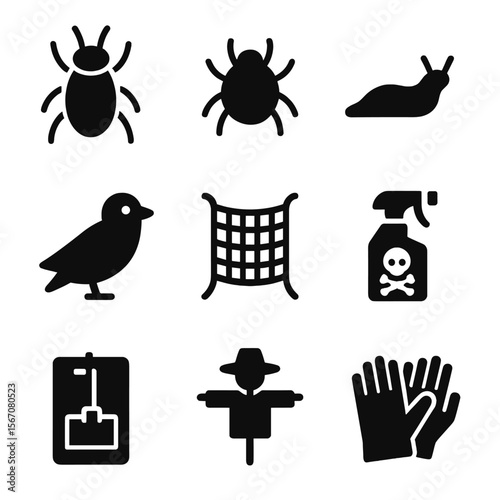 Garden Pest Icons. Solid, filled icon set of garden pests and protection: aphid, spider mite, slug, bird, netting, pesticide spray