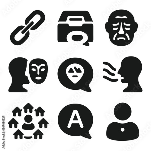 Cultural Speech Icons. Solid, filled icons set of cultural preservation through speech: memory chain, spoken