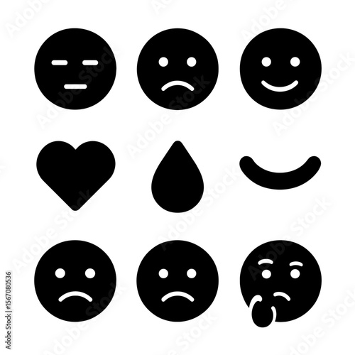 Emotional Icon Grid. Solid, filled icon set of introspective emotions: calm face, sad face, happy face, confused face, heart, tear