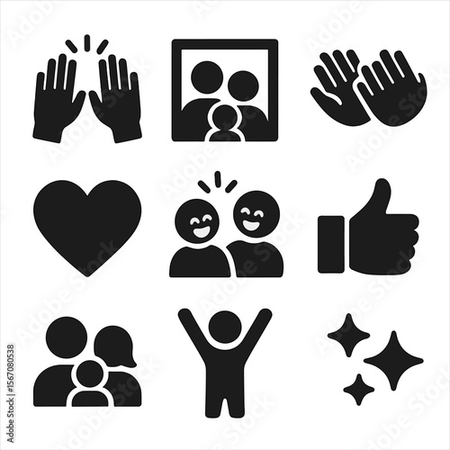 Family Fun Icons. Solid, filled icon set of fun family moments: high-five, group photo frame, clapping hands, heart symbol, shared