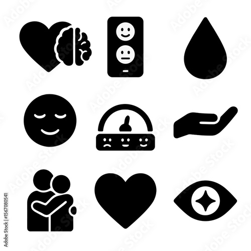 Emotional Icons Grid. Solid, filled icon set of emotional well-being: heart and brain, mood meter, teardrop, calm face, emotional