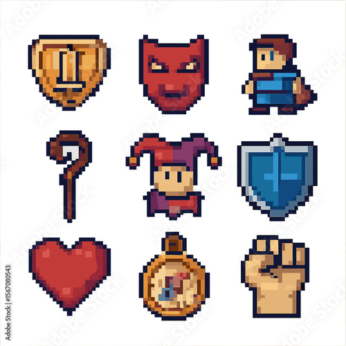 RPG Archetype Icons. Pixel art icon set of role-playing archetypes: hero emblem, villain mask, sidekick figure, mentor staff,