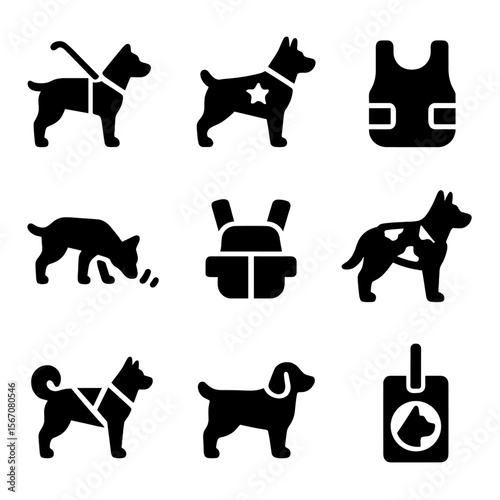 Working Dogs Icon Set. Solid, filled icon set of working dogs: guide dog, police dog, service vest, sniffing dog, rescue harness,