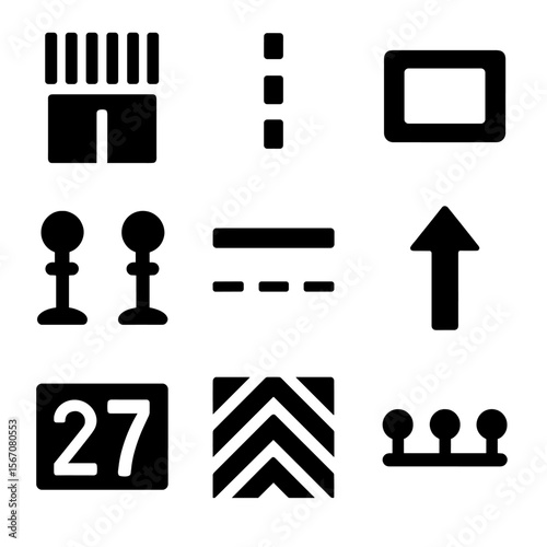 Runway & Taxiway Icons. Solid, Filled icon set of runway & taxiway markings: runway threshold, centerline stripe, taxiway sign,